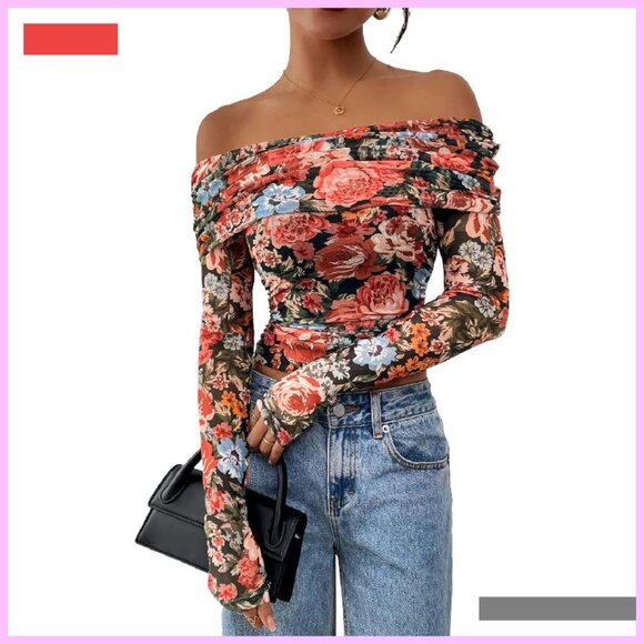 Tops - Off Shoulder Long Sleeve Fitted Mesh Ruched Floral Top Y2K Style
